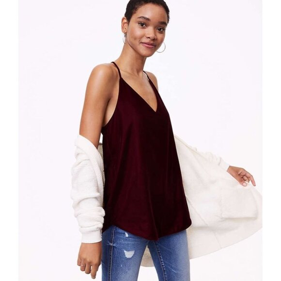 Loft Womens Velvet Strappy Cami Tank Top Size M Burgundy V-Neck Chic Summer - Picture 1 of 13